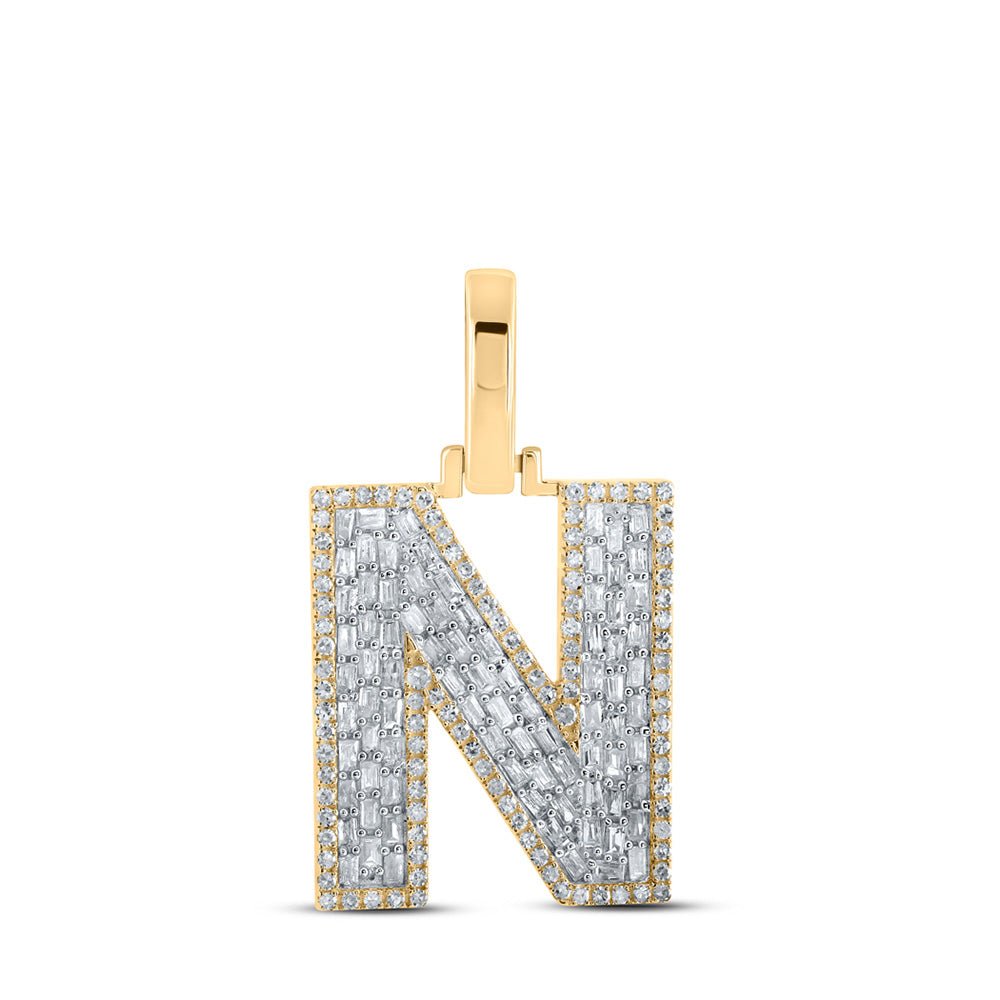 Men's Diamond Charm Pendant | 10kt Yellow Gold Mens Baguette Diamond N Initial Letter Charm Pendant 5/8 Cttw | Splendid Jewellery GND