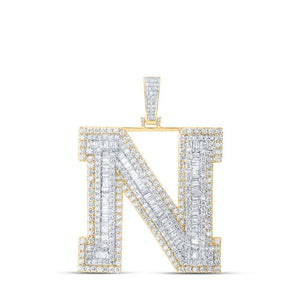 Men's Diamond Charm Pendant | 10kt Yellow Gold Mens Baguette Diamond N Initial Letter Charm Pendant 7-5/8 Cttw | Splendid Jewellery GND