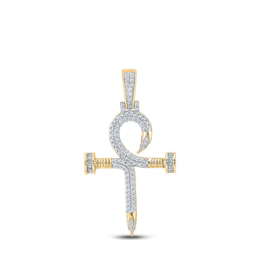 Men's Diamond Charm Pendant | 10kt Yellow Gold Mens Baguette Diamond Nail Cross Ankh Charm Pendant 3/4 Cttw | Splendid Jewellery GND