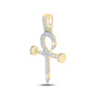 Men's Diamond Charm Pendant | 10kt Yellow Gold Mens Baguette Diamond Nail Cross Ankh Charm Pendant 3/4 Cttw | Splendid Jewellery GND