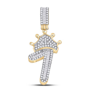 Men's Diamond Charm Pendant | 10kt Yellow Gold Mens Baguette Diamond Number 1 Crown Charm Pendant 1/2 Cttw | Splendid Jewellery GND