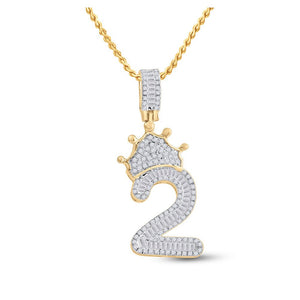 Men's Diamond Charm Pendant | 10kt Yellow Gold Mens Baguette Diamond Number 2 Crown Charm Pendant 3/4 Cttw | Splendid Jewellery GND