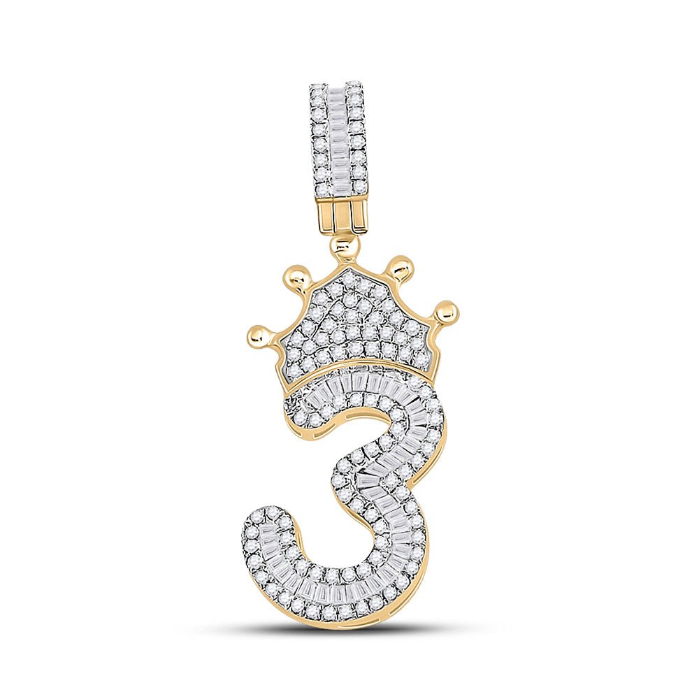 Men's Diamond Charm Pendant | 10kt Yellow Gold Mens Baguette Diamond Number 3 Crown Charm Pendant 5/8 Cttw | Splendid Jewellery GND