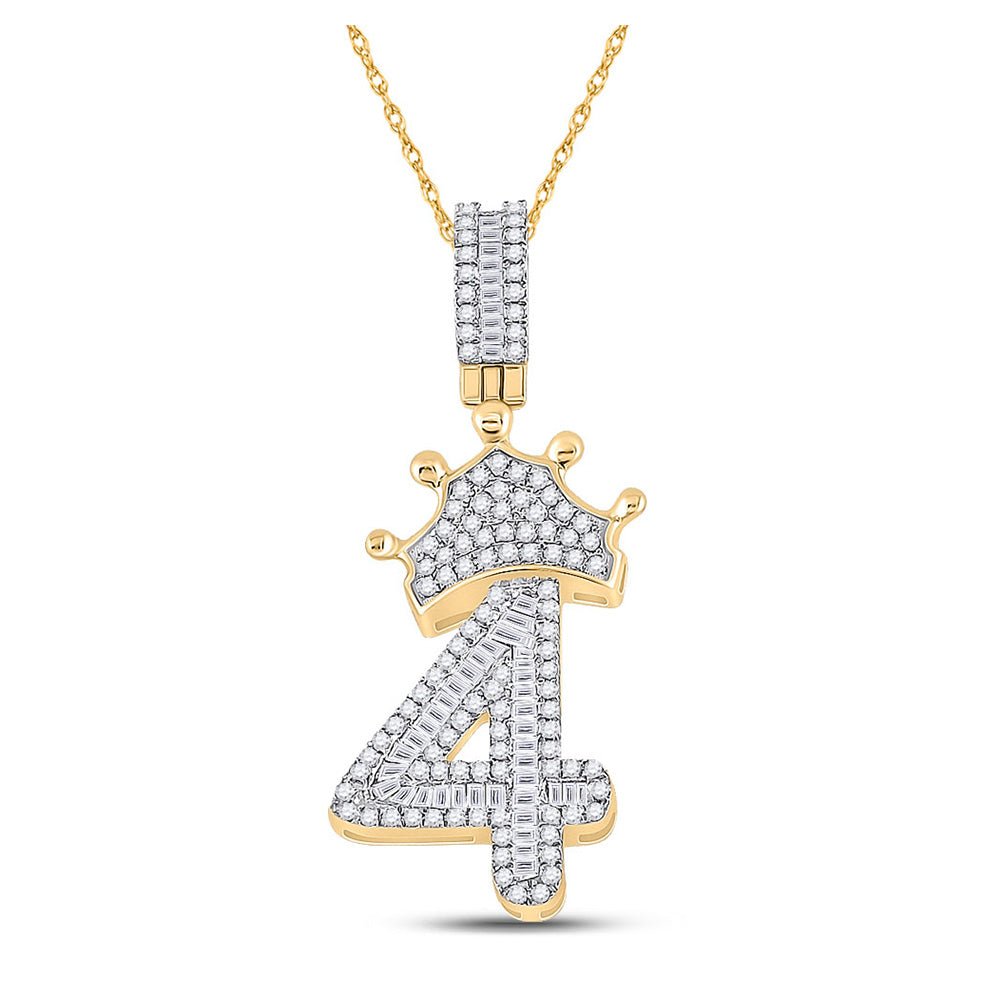 Men's Diamond Charm Pendant | 10kt Yellow Gold Mens Baguette Diamond Number 4 Crown Charm Pendant 3/4 Cttw | Splendid Jewellery GND