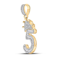 Load image into Gallery viewer, 10kt Yellow Gold Men&#39;s Baguette Diamond Number 5 Crown Charm Pendant - A Dazzling Statement Piece Side view from the 10Kt Yellow Gold Mens Baguette Diamond Number 5 Crown Charm Pendant 3 4 Cttwpin288018 collection by Splendid Jewellery