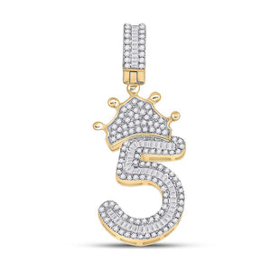 Men's Diamond Charm Pendant | 10kt Yellow Gold Mens Baguette Diamond Number 5 Crown Charm Pendant 3/4 Cttw | Splendid Jewellery GND