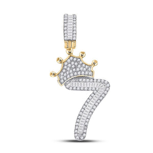 Men's Diamond Charm Pendant | 10kt Yellow Gold Mens Baguette Diamond Number 7 Crown Charm Pendant 5/8 Cttw | Splendid Jewellery GND