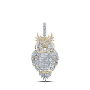 Men's Diamond Charm Pendant | 10kt Yellow Gold Mens Baguette Diamond Owl Bird Charm Pendant 3-7/8 Cttw | Splendid Jewellery GND