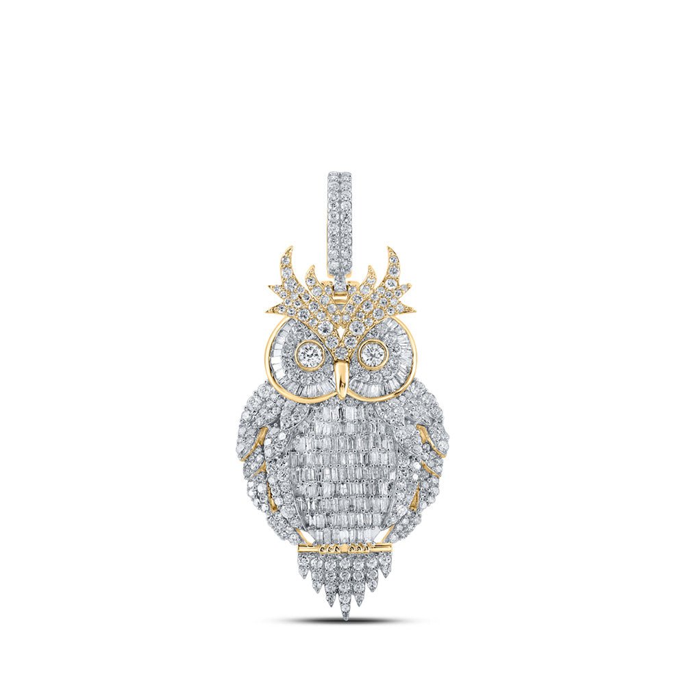 Men's Diamond Charm Pendant | 10kt Yellow Gold Mens Baguette Diamond Owl Bird Charm Pendant 3-7/8 Cttw | Splendid Jewellery GND