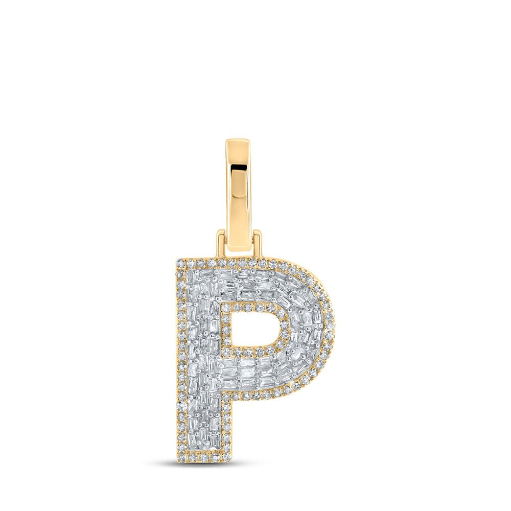 Men's Diamond Charm Pendant | 10kt Yellow Gold Mens Baguette Diamond P Initial Letter Charm Pendant 1/2 Cttw | Splendid Jewellery GND