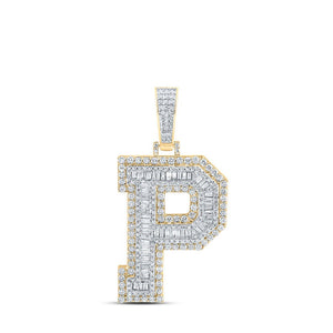 Men's Diamond Charm Pendant | 10kt Yellow Gold Mens Baguette Diamond P Initial Letter Charm Pendant 2-5/8 Cttw | Splendid Jewellery GND