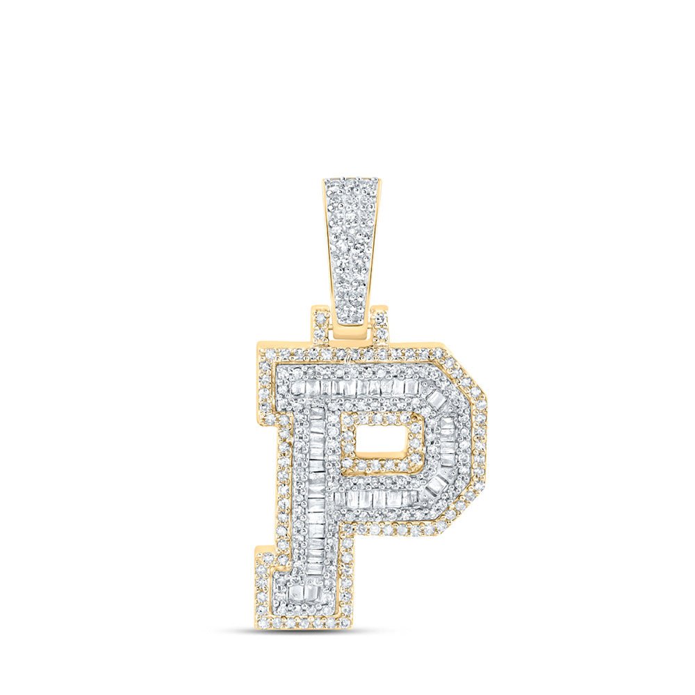 Men's Diamond Charm Pendant | 10kt Yellow Gold Mens Baguette Diamond P Initial Letter Charm Pendant 5/8 Cttw | Splendid Jewellery GND