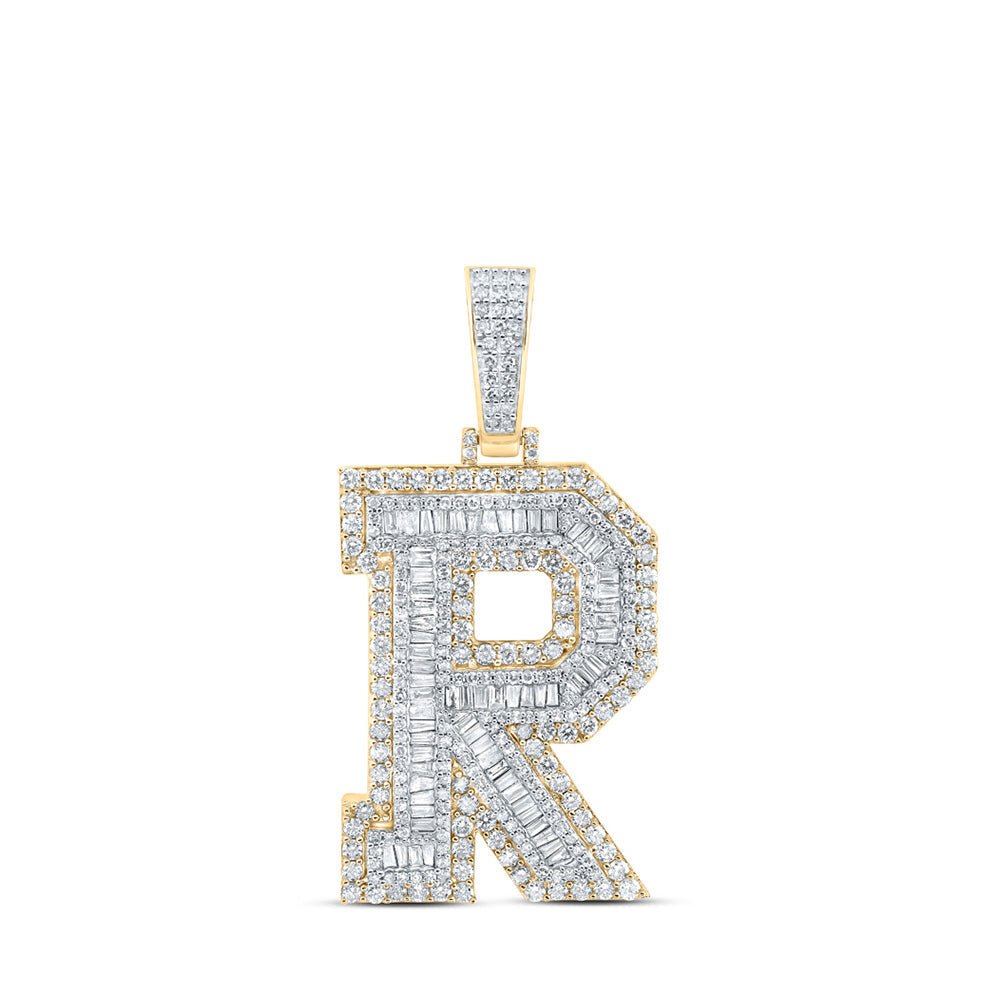 Men's Diamond Charm Pendant | 10kt Yellow Gold Mens Baguette Diamond R Initial Letter Charm Pendant 3-1/5 Cttw | Splendid Jewellery GND