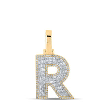 Load image into Gallery viewer, 10kt Yellow Gold Baguette Diamond R Initial Charm Pendant - Masculine Elegance at its Finest Top view from the 10Kt Yellow Gold Mens Baguette Diamond R Initial Letter Charm Pendant 5 8 Cttwpin218366 collection by Splendid Jewellery