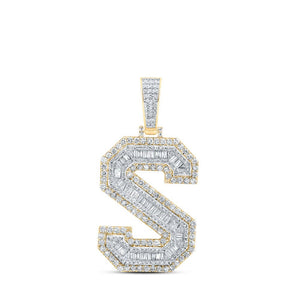 Men's Diamond Charm Pendant | 10kt Yellow Gold Mens Baguette Diamond S Initial Letter Charm Pendant 2-3/4 Cttw | Splendid Jewellery GND