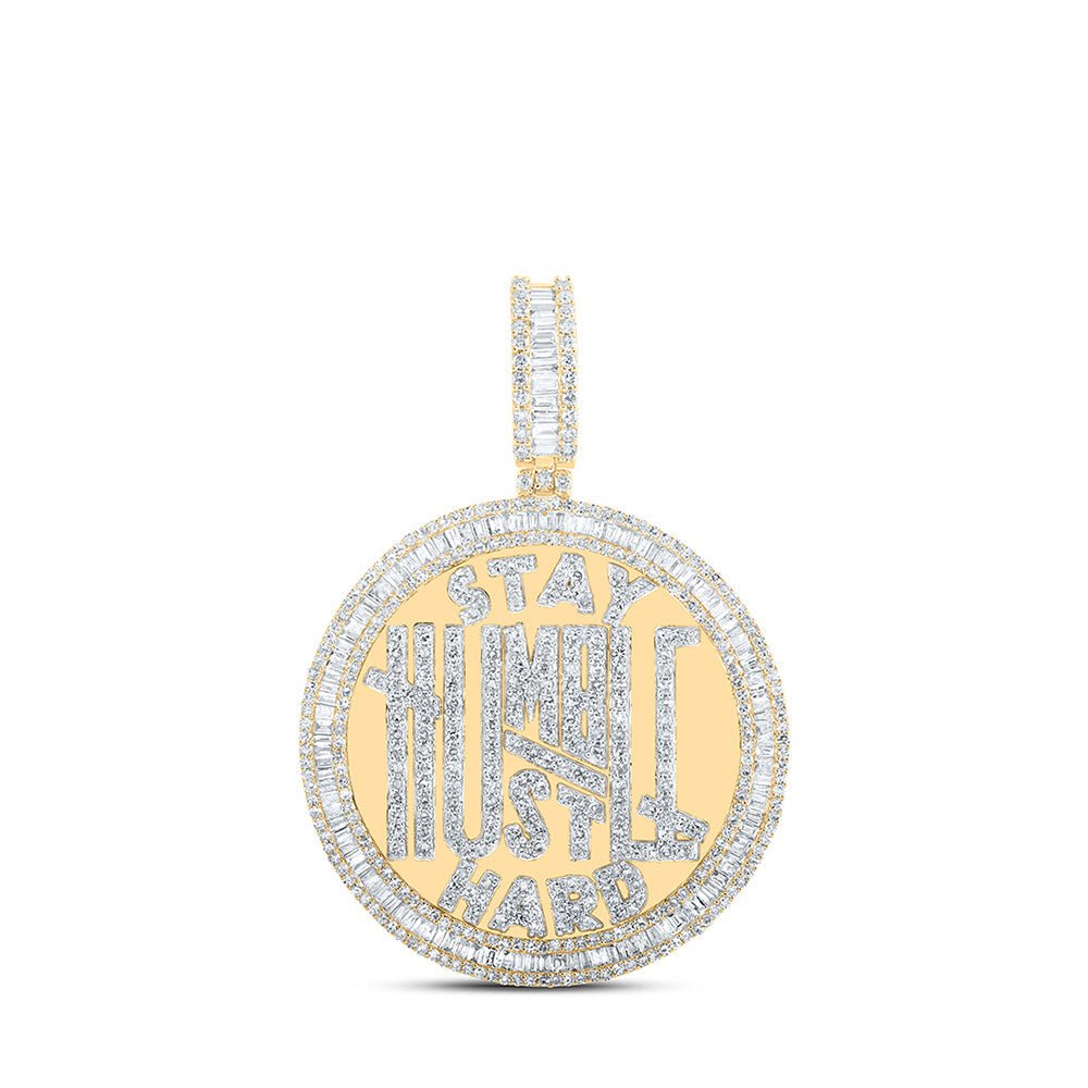 Men's Diamond Charm Pendant | 10kt Yellow Gold Mens Baguette Diamond Stay Humble Hustle Hard Charm Pendant 3-3/4 Cttw | Splendid Jewellery GND