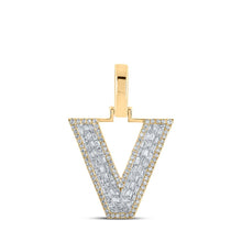 Load image into Gallery viewer, 10kt Yellow Gold Men&#39;s Baguette Diamond V Initial Letter Charm Pendant - 1/2 Cttw Top view from the 10Kt Yellow Gold Mens Baguette Diamond V Initial Letter Charm Pendant 1 2 Cttwpin218905 collection by Splendid Jewellery