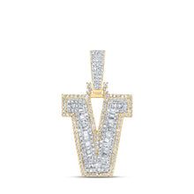 Load image into Gallery viewer, 10kt Yellow Gold Baguette Diamond V Initial Charm Pendant for Men - 5/8 Cttw Top view from the 10Kt Yellow Gold Mens Baguette Diamond V Initial Letter Charm Pendant 5 8 Cttwpin216913 collection by Splendid Jewellery