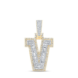 Men's Diamond Charm Pendant | 10kt Yellow Gold Mens Baguette Diamond V Initial Letter Charm Pendant 5/8 Cttw | Splendid Jewellery GND