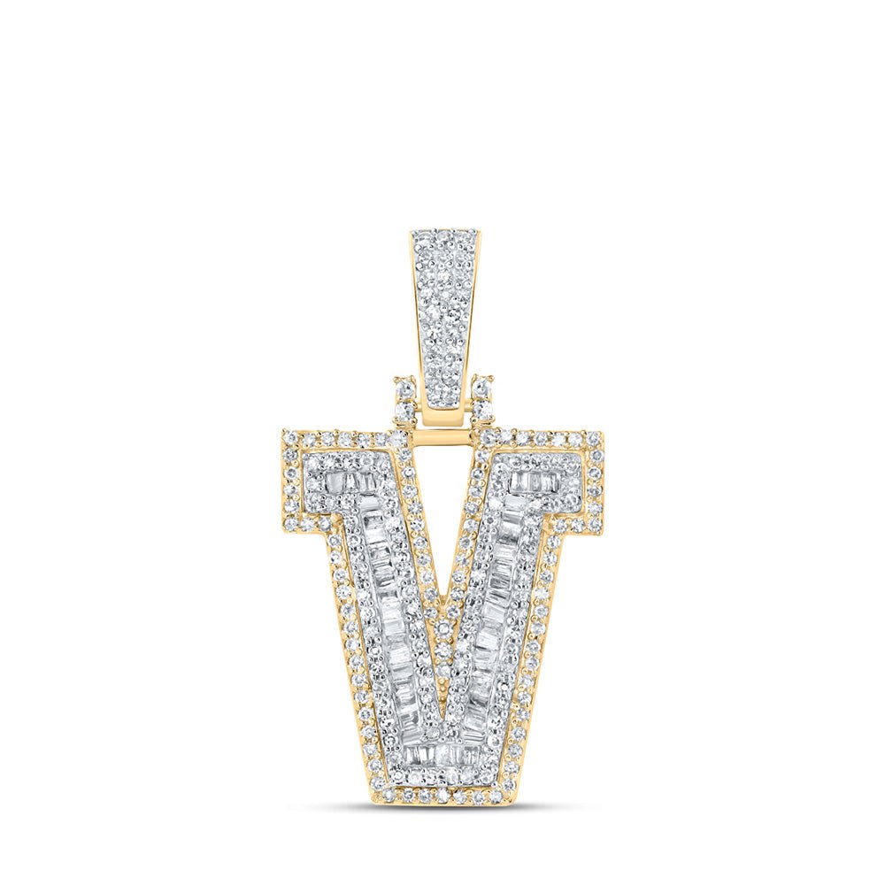 Men's Diamond Charm Pendant | 10kt Yellow Gold Mens Baguette Diamond V Initial Letter Charm Pendant 5/8 Cttw | Splendid Jewellery GND