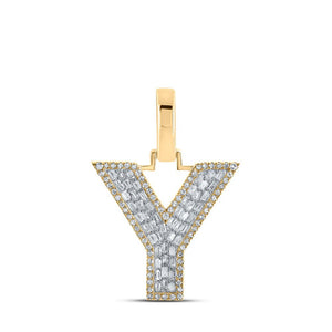 Men's Diamond Charm Pendant | 10kt Yellow Gold Mens Baguette Diamond Y Initial Letter Charm Pendant 1/2 Cttw | Splendid Jewellery GND
