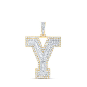 Men's Diamond Charm Pendant | 10kt Yellow Gold Mens Baguette Diamond Y Initial Letter Charm Pendant 6 Cttw | Splendid Jewellery GND