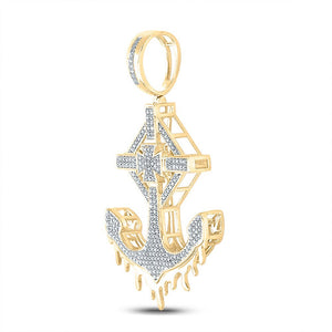 Men's Diamond Charm Pendant | 10kt Yellow Gold Mens Round Diamond Anchor Cross Charm Pendant 1/2 Cttw | Splendid Jewellery GND