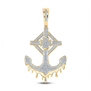 Men's Diamond Charm Pendant | 10kt Yellow Gold Mens Round Diamond Anchor Cross Charm Pendant 1/2 Cttw | Splendid Jewellery GND