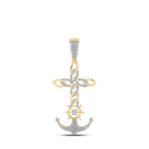 Men's Diamond Charm Pendant | 10kt Yellow Gold Mens Round Diamond Anchor Cross Charm Pendant 3/8 Cttw | Splendid Jewellery GND