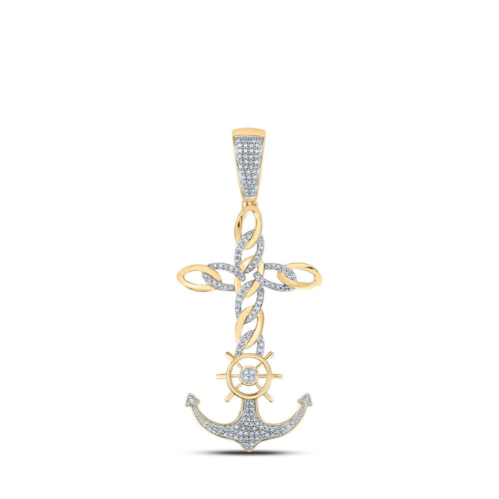 Men's Diamond Charm Pendant | 10kt Yellow Gold Mens Round Diamond Anchor Cross Charm Pendant 3/8 Cttw | Splendid Jewellery GND