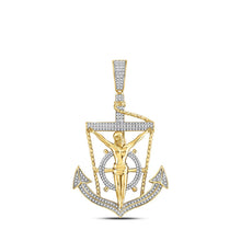 Load image into Gallery viewer, 10kt Yellow Gold Men's Round Diamond Anchor Jesus Cross Pendant - 1/2 Cttw | Splendid Jewellery Top view from the 10Kt Yellow Gold Mens Round Diamond Anchor Jesus Cross Charm Pendant 1 2 Cttwpin226608 collection by Splendid Jewellery