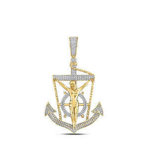 Men's Diamond Charm Pendant | 10kt Yellow Gold Mens Round Diamond Anchor Jesus Cross Charm Pendant 1/2 Cttw | Splendid Jewellery GND