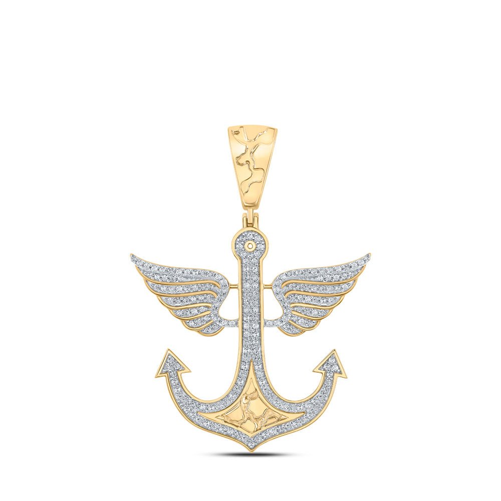 Men's Diamond Charm Pendant | 10kt Yellow Gold Mens Round Diamond Anchor Wing Charm Pendant 1/2 Cttw | Splendid Jewellery GND