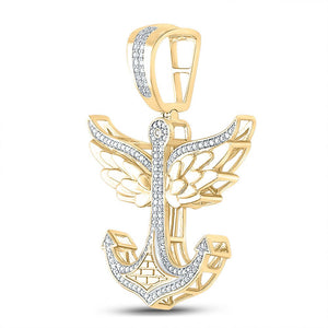 Men's Diamond Charm Pendant | 10kt Yellow Gold Mens Round Diamond Anchor Wings Charm Pendant 1/3 Cttw | Splendid Jewellery GND