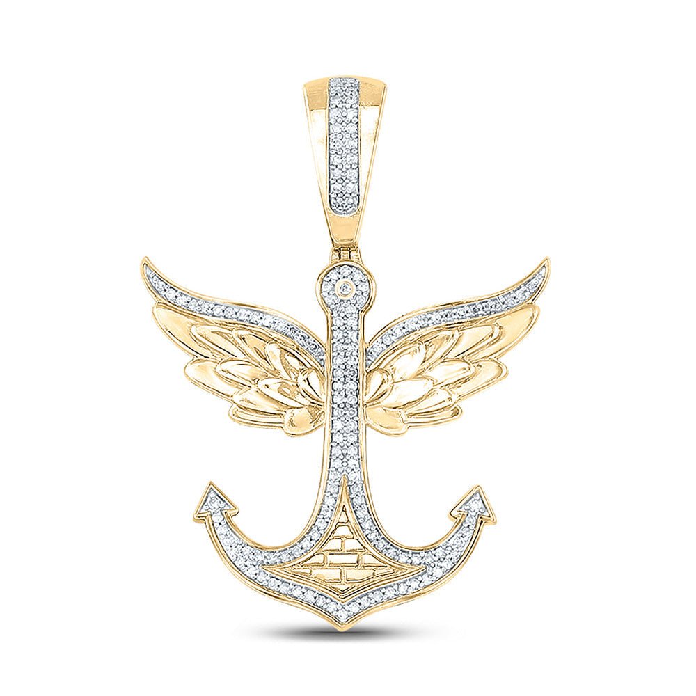 Men's Diamond Charm Pendant | 10kt Yellow Gold Mens Round Diamond Anchor Wings Charm Pendant 1/3 Cttw | Splendid Jewellery GND