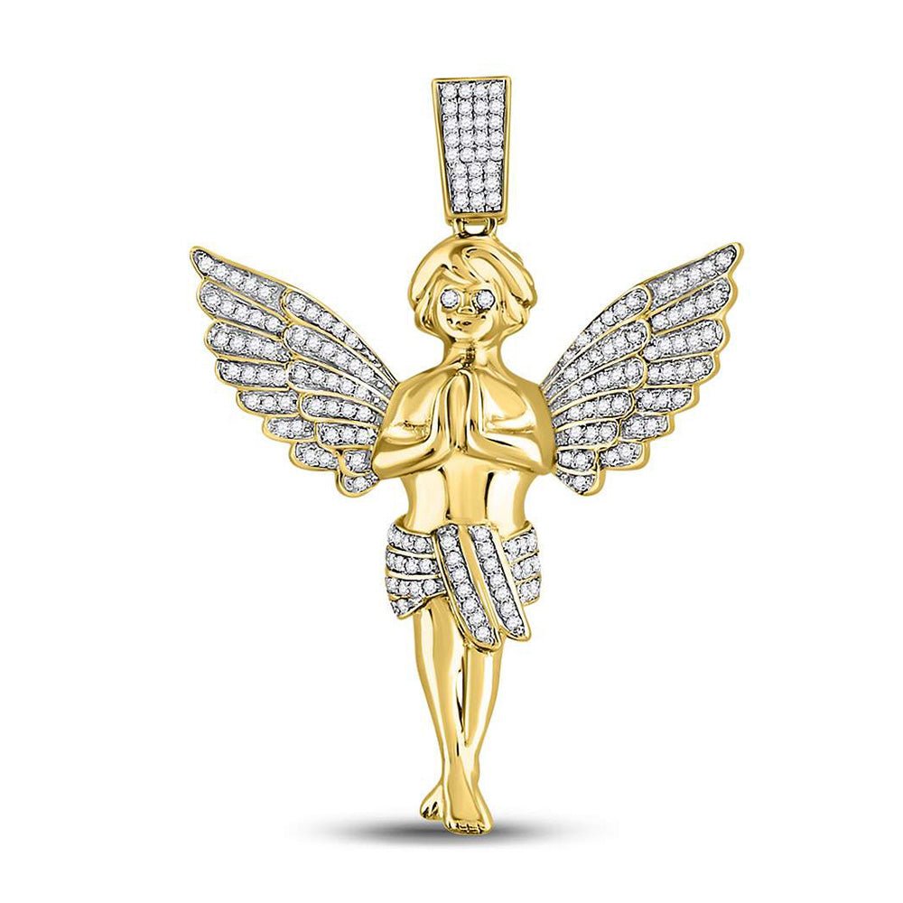 Men's Diamond Charm Pendant | 10kt Yellow Gold Mens Round Diamond Angel Charm Pendant 3/8 Cttw | Splendid Jewellery GND