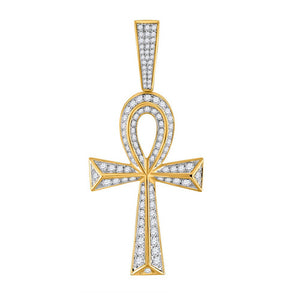 Men's Diamond Charm Pendant | 10kt Yellow Gold Mens Round Diamond Ankh Cross Charm Pendant 1-3/4 Cttw | Splendid Jewellery GND