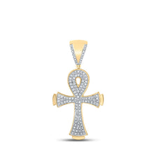 Load image into Gallery viewer, 10kt Yellow Gold Men&#39;s Round Diamond Ankh Cross Charm Pendant 1/3 Cttw | Dazzling Diamond Delight Top view from the 10Kt Yellow Gold Mens Round Diamond Ankh Cross Charm Pendant 1 3 Cttwpin286640 collection by Splendid Jewellery