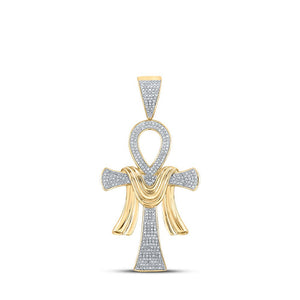 Men's Diamond Charm Pendant | 10kt Yellow Gold Mens Round Diamond Ankh Cross Charm Pendant 3/4 Cttw | Splendid Jewellery GND