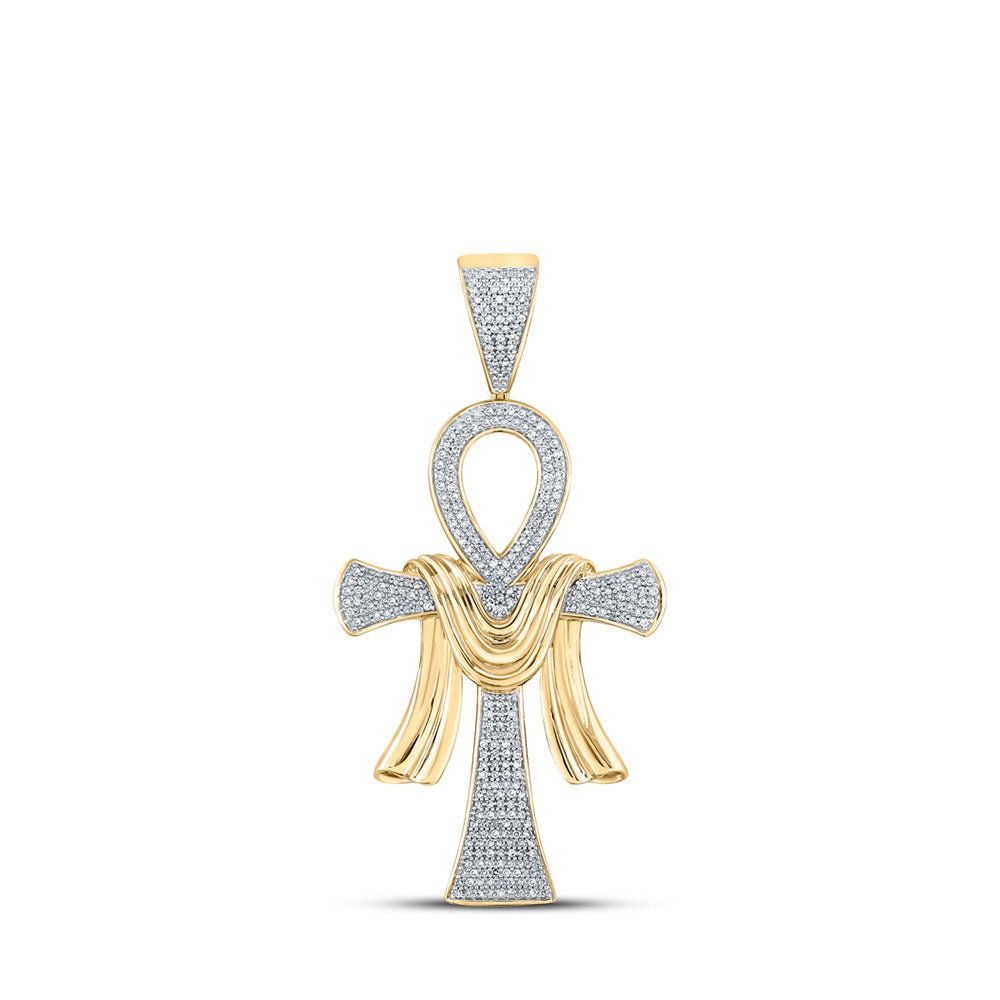 Men's Diamond Charm Pendant | 10kt Yellow Gold Mens Round Diamond Ankh Cross Charm Pendant 3/4 Cttw | Splendid Jewellery GND