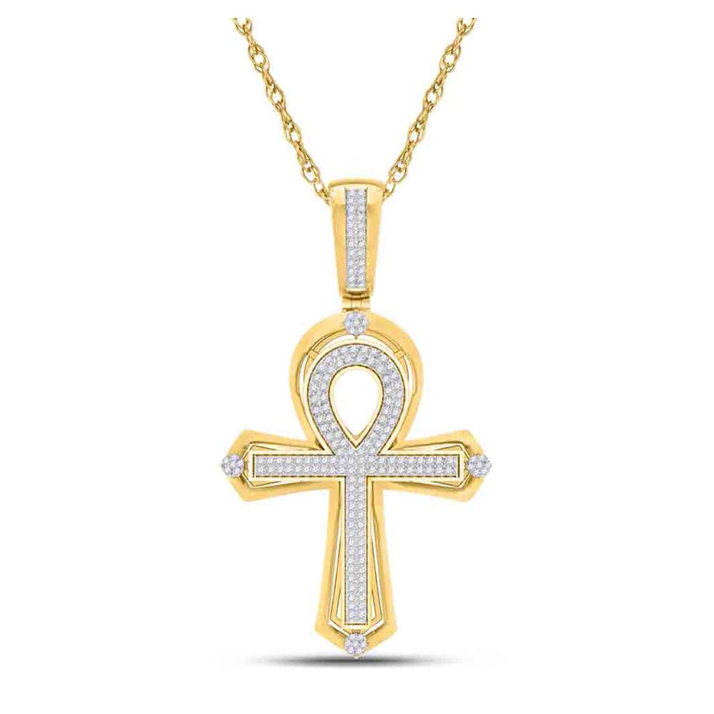 Men's Diamond Charm Pendant | 10kt Yellow Gold Mens Round Diamond Ankh Cross Charm Pendant 3/8 Cttw | Splendid Jewellery GND