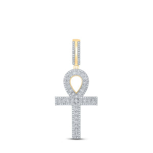 Men's Diamond Charm Pendant | 10kt Yellow Gold Mens Round Diamond Ankh Cross Charm Pendant 3/8 Cttw | Splendid Jewellery GND