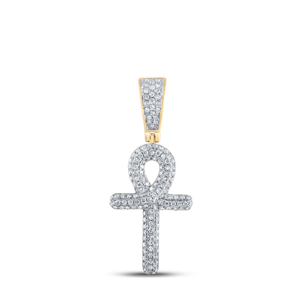 Men's Diamond Charm Pendant | 10kt Yellow Gold Mens Round Diamond Ankh Cross Charm Pendant 3/8 Cttw | Splendid Jewellery GND