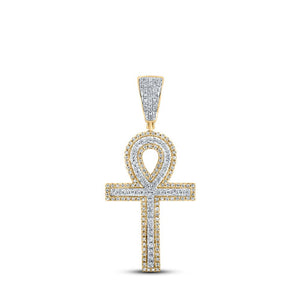 Men's Diamond Charm Pendant | 10kt Yellow Gold Mens Round Diamond Ankh Cross Charm Pendant 7/8 Cttw | Splendid Jewellery GND