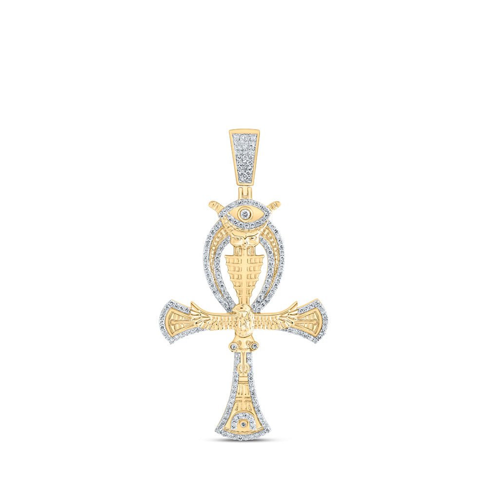 Men's Diamond Charm Pendant | 10kt Yellow Gold Mens Round Diamond Ankh Eye Cross Charm Pendant 1-1/5 Cttw | Splendid Jewellery GND