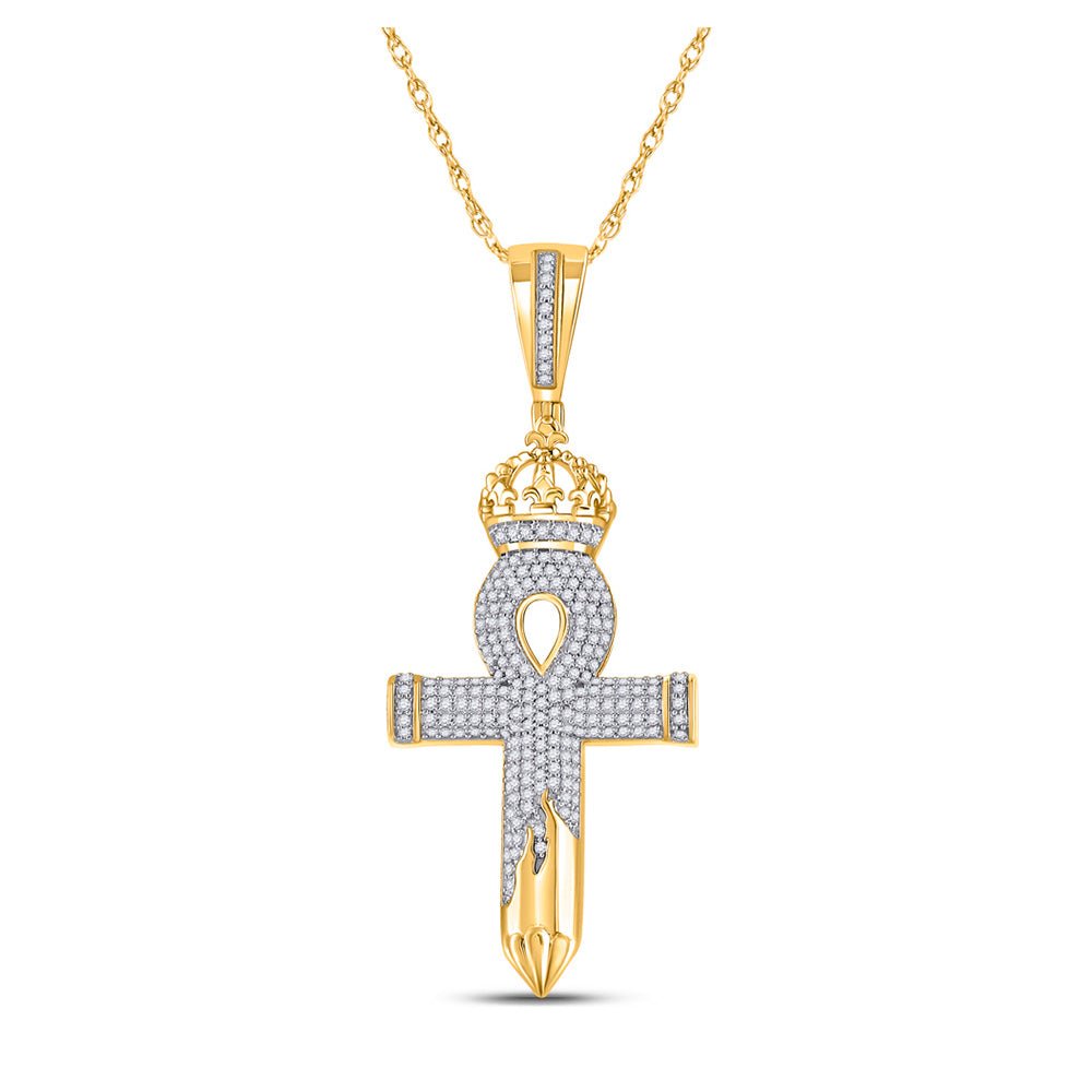 Men's Diamond Charm Pendant | 10kt Yellow Gold Mens Round Diamond Ankh Nail Cross Charm Pendant 1/2 Cttw | Splendid Jewellery GND