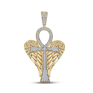 Men's Diamond Charm Pendant | 10kt Yellow Gold Mens Round Diamond Ankh Wings Cross Charm Pendant 3/4 Cttw | Splendid Jewellery GND