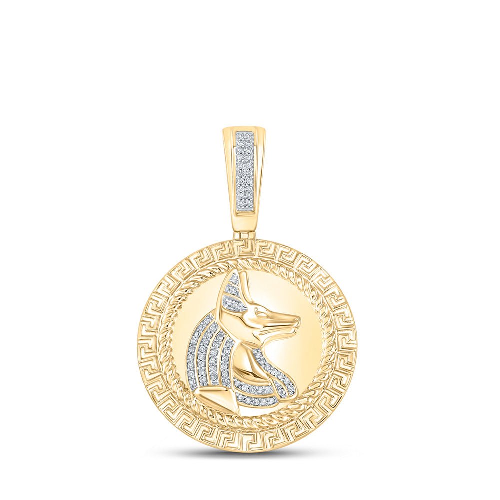 Men's Diamond Charm Pendant | 10kt Yellow Gold Mens Round Diamond Anubis Egypt Circle Charm Pendant 1/5 Cttw | Splendid Jewellery GND