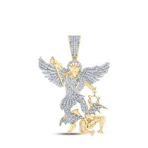 Men's Diamond Charm Pendant | 10kt Yellow Gold Mens Round Diamond Archangel Charm Pendant 1-1/5 Cttw | Splendid Jewellery GND