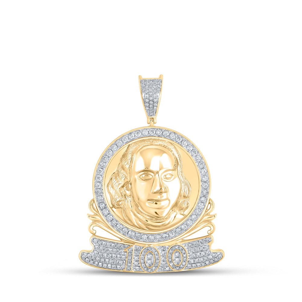 Men's Diamond Charm Pendant | 10kt Yellow Gold Mens Round Diamond Ben Franklin 100 Charm Pendant 1-1/5 Cttw | Splendid Jewellery GND